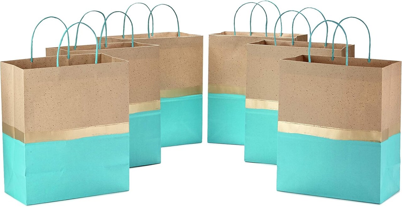 13" Large Paper Gift Bags – Pack of 6 Turquoise & Kraft Gift Bags with Handles for Birthdays, Easter, Weddings, Baby & Bridal Showers, Mother’s Day (Turquoise)